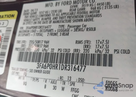 2013 Ford Fusion Se from USA, damaged, VIN 3FA6P0HR1DR316477